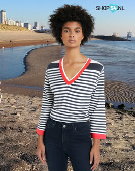 OP=OP V-hals pull rood wit blauw gestreept -3/4 mouw-60% katoen-40% acryl