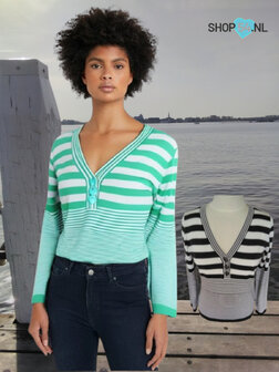  V-hals pull groen wit  -zwart wit gestreept lange mouw-60% viscose-40% katoen