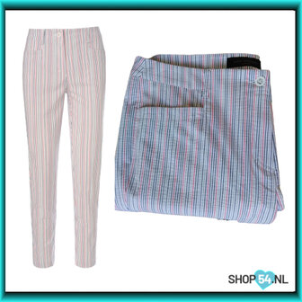 Anna Montana Angelika 1215 7/8 slimfit seersucker zomerbroek met streepjes wit-zilver-jeansblauw en rood de detail foto is juis