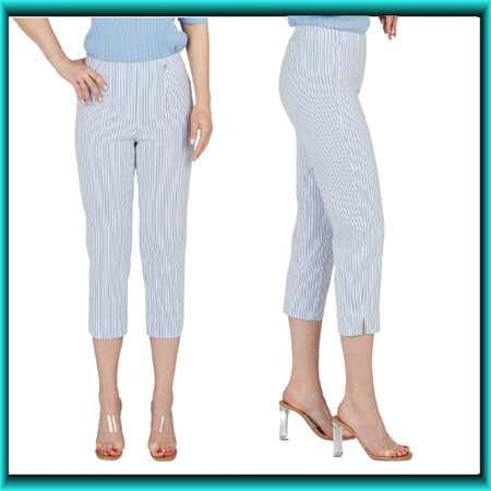 Robell Marie jumpin capri seersucker kleur jeansblauw wit gestreept voor en zij kant