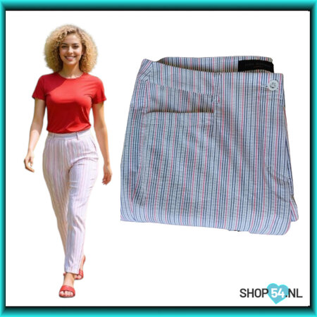 Anna Montana Angelika 1215 7/8 slimfit seersucker zomerbroek met streepjes wit-zilver-jeansblauw en rood de detail foto is juis
