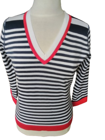 OP=OP V-hals pull rood wit blauw gestreept -3/4 mouw-60% katoen-40% acryl