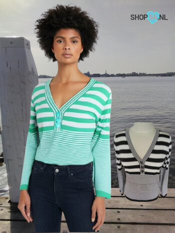  V-hals pull groen wit  -zwart wit gestreept lange mouw-60% viscose-40% katoen
