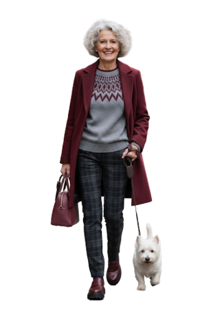 styling inspiratie donker rood zilver met rose ruit broek met model met hondje
