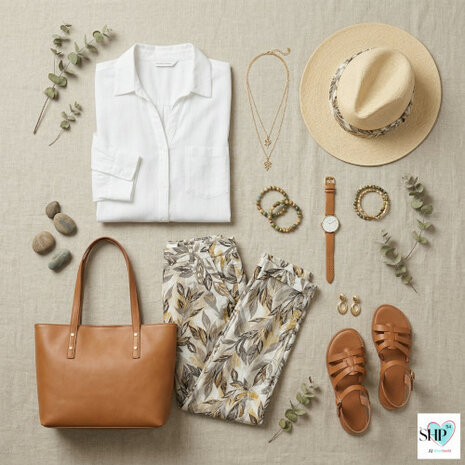 Anna Montana Angelika dames broek met bladprint - flatlay inspiratie