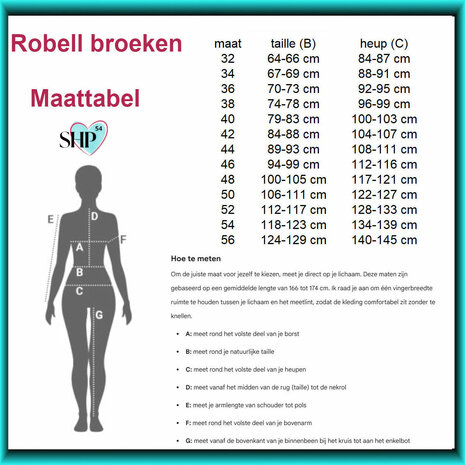 Robell dames comfortbroeken maattabel