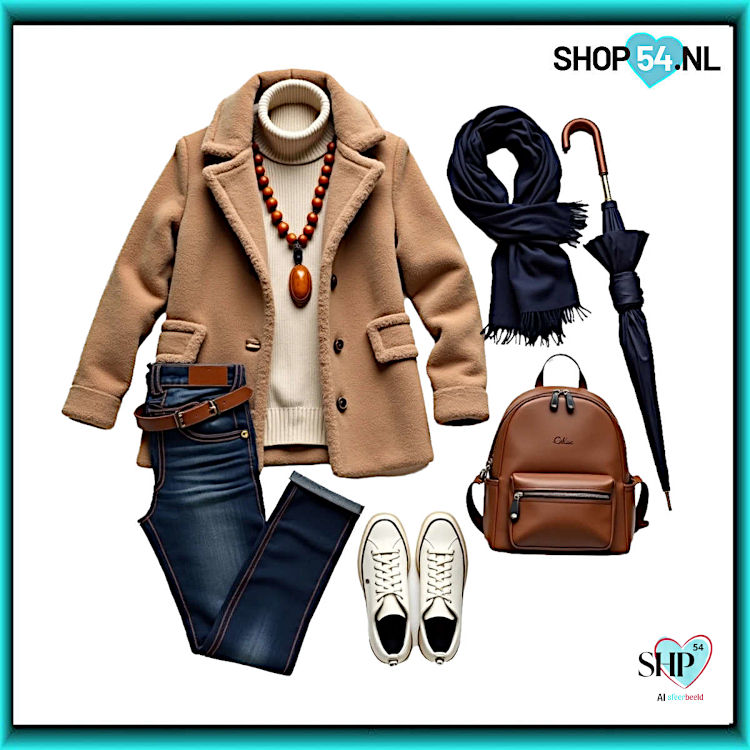 deze prachtige Flatlay is met hulp van AI samengesteld om je te inspireren. de broek in deze combinatie komt uit de collectie van Shop 54 en kun je direct in de webshop bestellen. de overige kledingstukken en accessoires zijn puur bedoeld voor het sfeerbeeld om te laten zien hoe leuk de broek staat in een complete outfit.