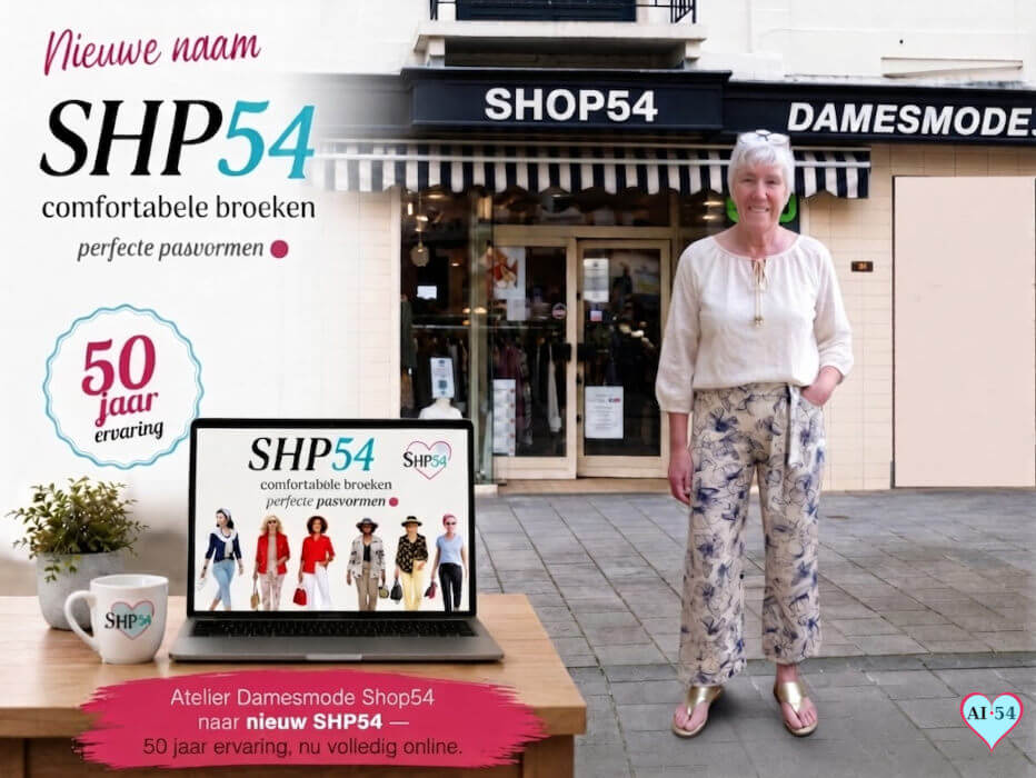  Hannie voor haar voormalige winkel Shop54 in Vlissingen, nu online SHP54